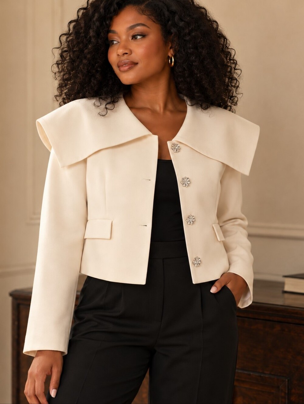 Lulus Cream Crystal Button Cape Collar Jacket XL NWT